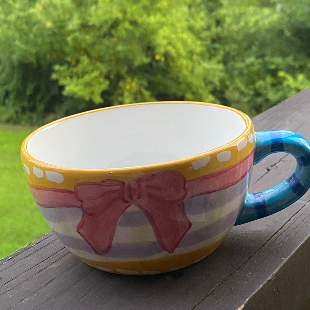 GANZ Yellow, White & Blue Ceramic Mug W/ Pink Bow 🎀